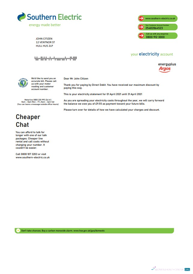 download United Kingdom Southern Electric proof of address utility bill template in Word and PDF format PDF template